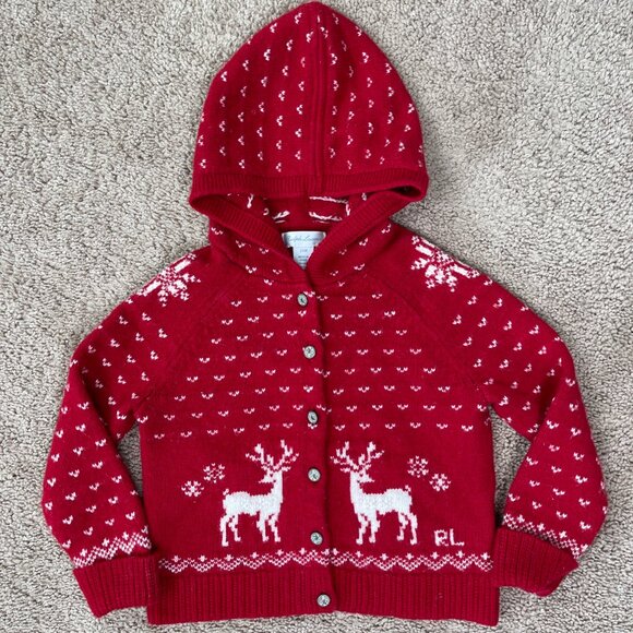 Ralph Lauren Sweater 24 months Red Wool Blend Reindeer Hooded Toddler Baby Knit